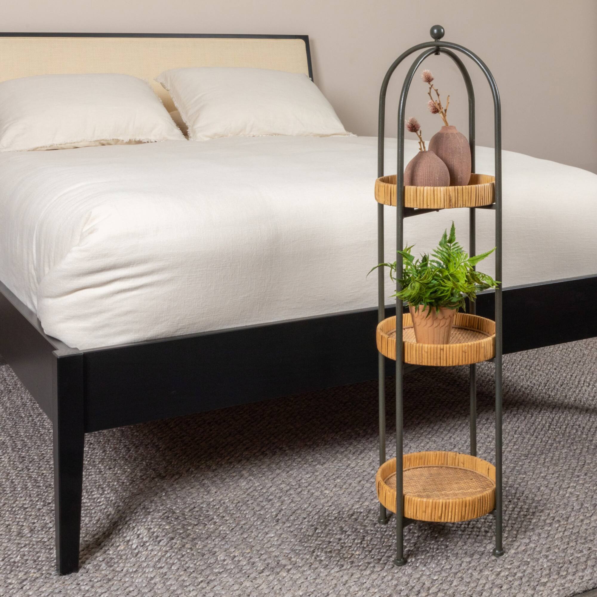 Hello Honey® 3ft. Boho Arched Black Metal Plant Stand with Rattan Trays